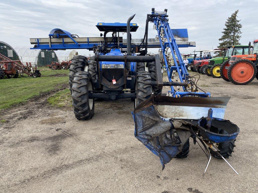 NEW HOLLAND TB110 TRACTOR, MFWD, LAKEWOOD CELERY HARVESTER, 18.4-38 REAR DUALS, 14.9-28 FRONT TIRES,