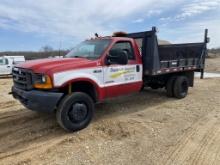 1998 FORD F550 REGULAR CAB FLATBED TRUCK, 7.3L POWERSTROKE DIESEL ENGINE, AUTO TRANS, 4X4, REAR DUALS, AM/FM, REAR LIFT GATE, 149'' X 96'' BED, RUST HOLES, RUST SHOWING, 242,185 MILES SHOWING, VIN: 1FDAF57F7XEC93060