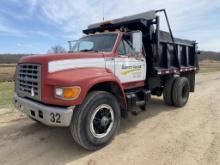 1995 FORD F-SERIES SINGLE AXLE DUMP TRUCK, FORD 8.3L DIESEL, 5-SPEED WITH 2-SPEED AXLE, AIR BRAKES, AM/FM RADIO, 10' BOX, MANUAL TARP, REAR HITCH, 230,935 MILES SHOWING, VIN: 1FDXF80E0SVA64984