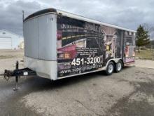 2006 ATLAS TANDEM AXLE ENCLOSED TRAILER, REAR RAMP DOOR, SIDE DOOR, ASSORTED DENTS, SOME PATCH WORK,