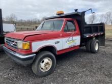 1988 FORD F350 REGULAR CAB DUMP TRUCK, V8, GAS ENGINE, BIG BLOCK, 4-SPEED WITH OVERDRIVE, 8' LONG X 7' WIDE LANDSCAPE DUMP BOX, 62367 MILES SHOWING ON 5 DIGIT ODOMETER, VIN: 2EDLF47C9JCA65795