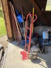 2-WHEEL DOLLY, ASSORTED RAKES, SHOVELS, AND MORE