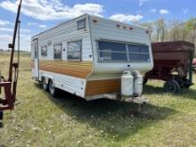 GOLDEN FALCON TANDEM AXLE CAMPER TRAILER, COLEMAN FURNACE, RESTROOM, DINETTE, FRONT COUCH/BED, REAR 