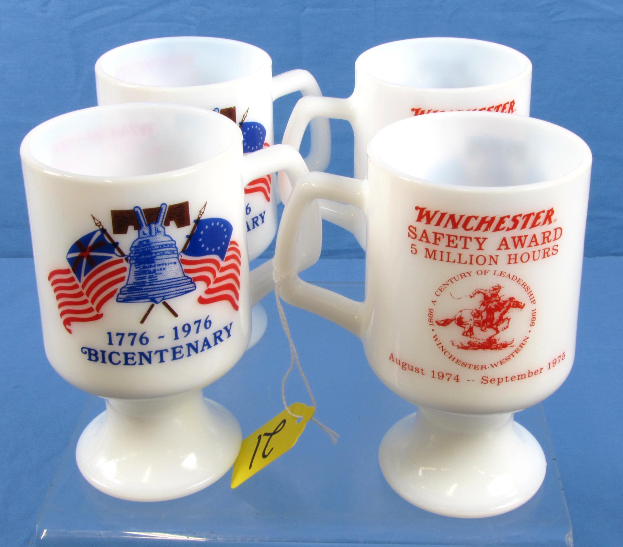 4 Milk Glass Stemmed Mugs; 1776-1976 Bicentenary; Winchester Safety Award; 5 Million Hours; W/horse