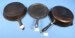 2 Skillets: R-k Albany #9 & #9 Griswold Slant Erie; Hr; Pn 727; Wood Hndl. & 1 Griddle; W.I. R. (wr