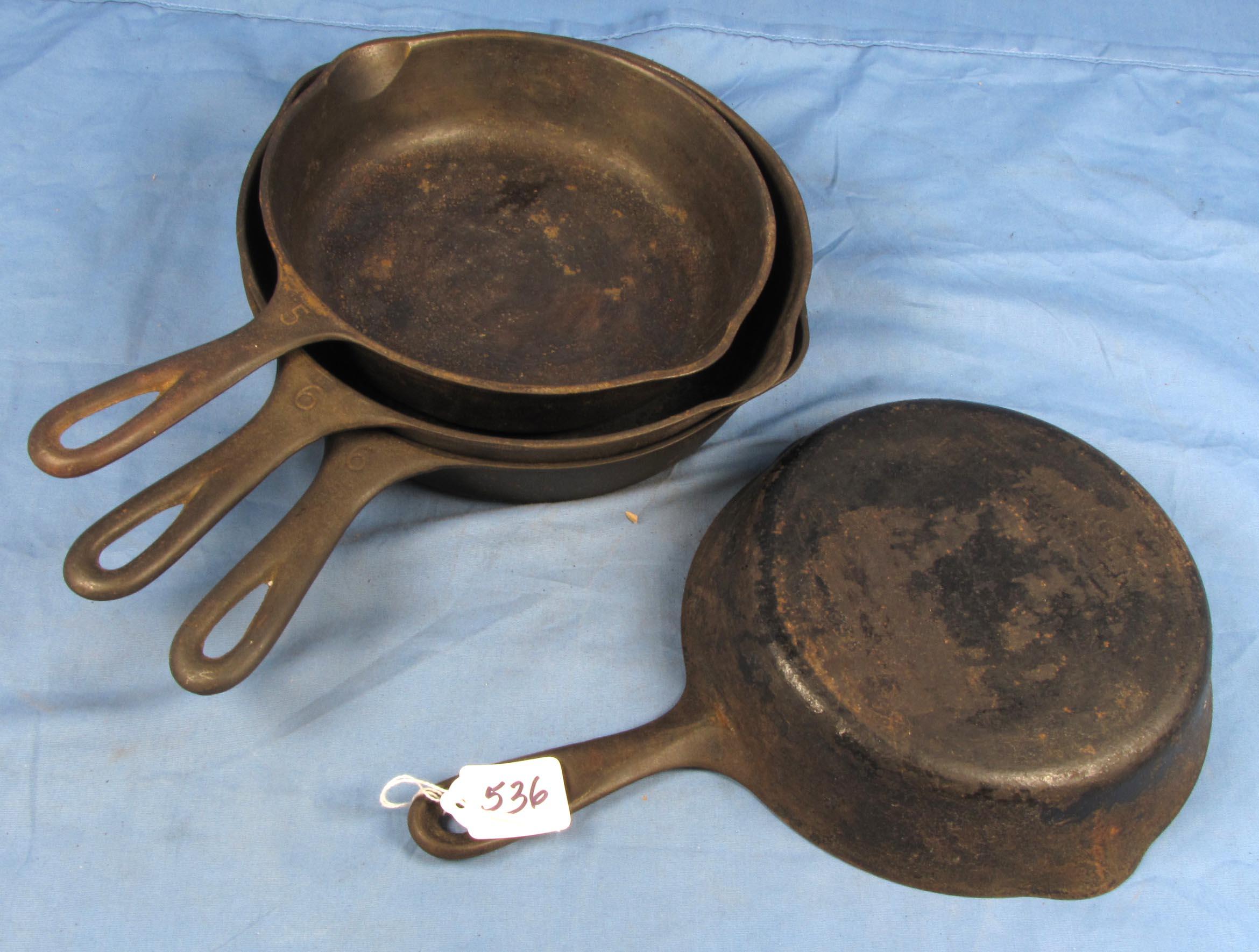 4 Skillets; Wagnerware; Smooth; 2-5’s 1054; 2-6’s 1056
