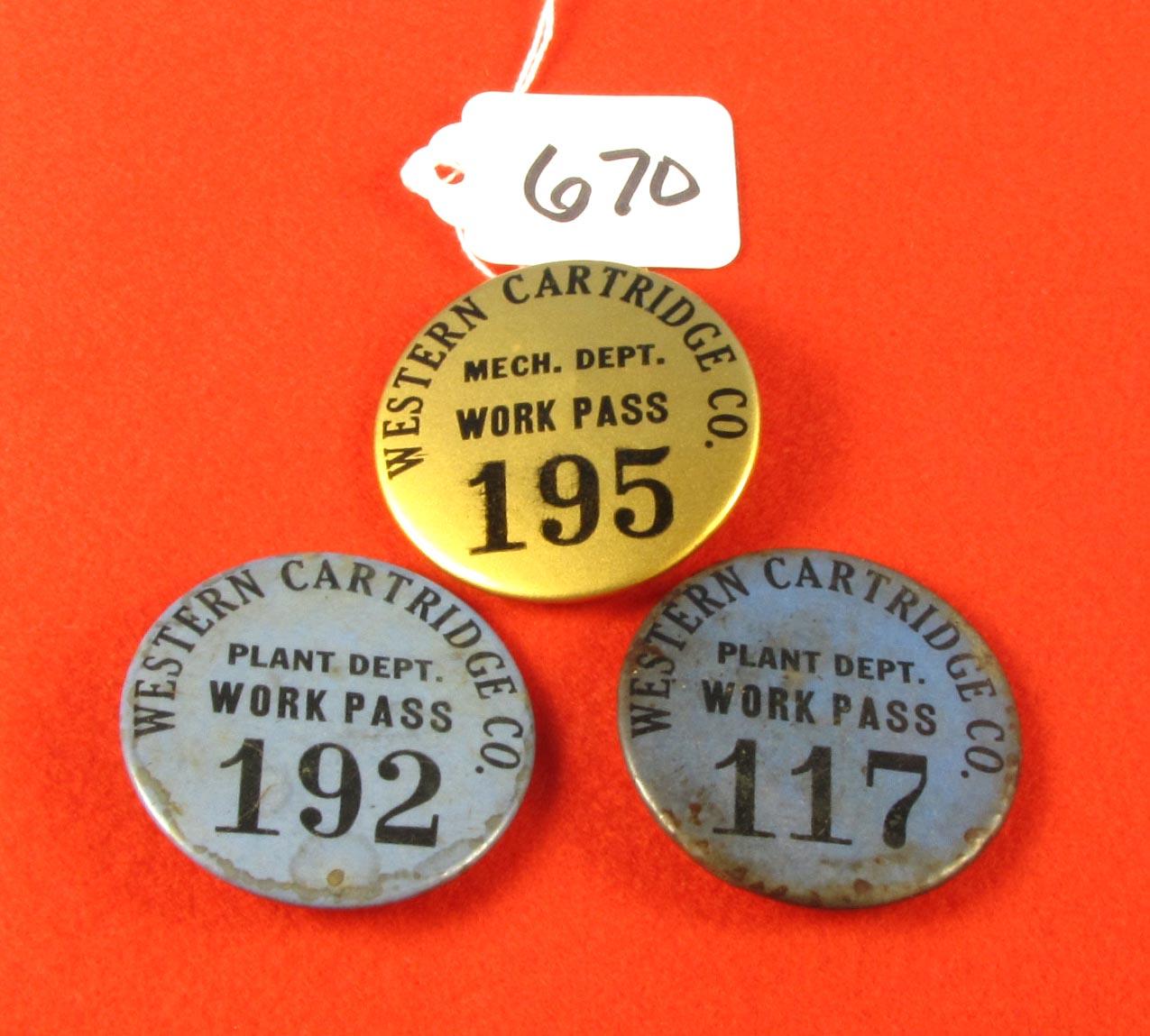 3 Western Cartridge Co. Plant Badges; "work Pass"