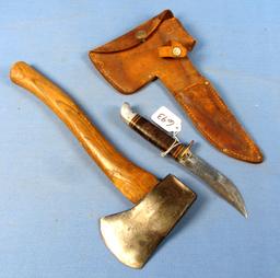 Combination Kit: Plumb Boy Scout Axe (w/emblem) & Western Sheath Knife (w/emblem) In Sheath With Bs