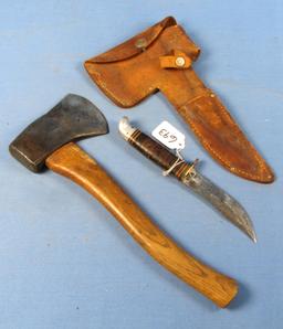 Combination Kit: Plumb Boy Scout Axe (w/emblem) & Western Sheath Knife (w/emblem) In Sheath With Bs