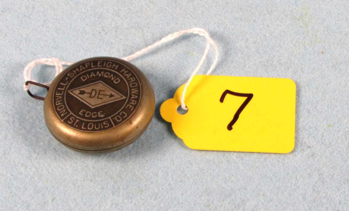 Norvell Shapleigh Tape Measure; Very Unique Sm. Metal Diamond Edge Pc. 1 3/8in Dia.