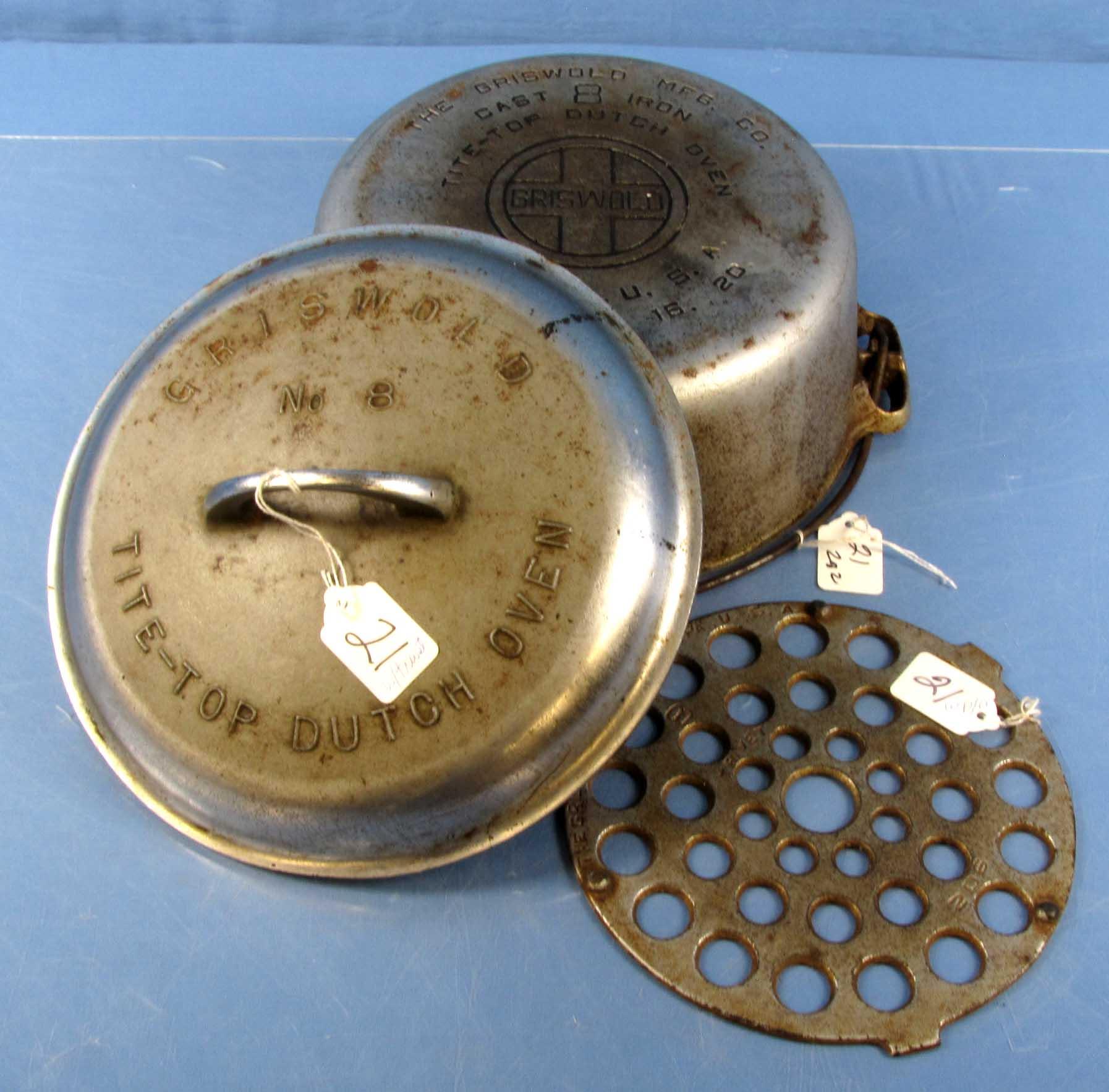 #8 Tite-top Dutch Oven; P/n 833; Griswold; Ll; Block; Epu W/high Dome; Raised Letter Lid; P/n 2551