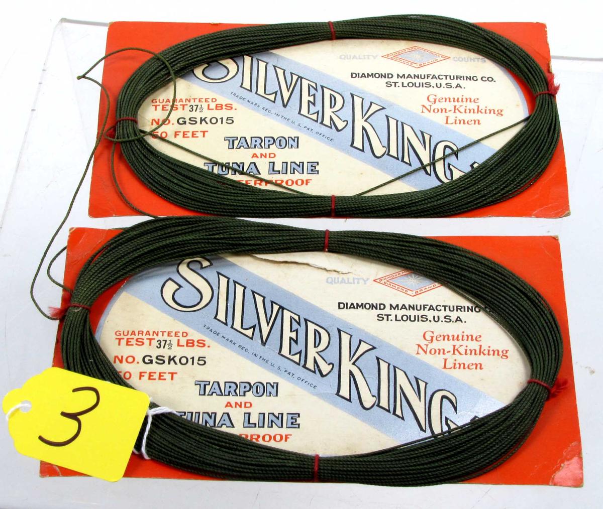 LOT: 2; NOS; DE; 50’; 37 1/2" lb. tarpon & tuna line on cards “Silver King”