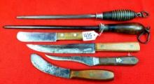 Lot Of 6 Keen Kutter Butcher Knives (4) And 2 Sharpening Steels