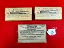 Lot Of 3; Winchester 7m/m Full Patch Cartridge 2 Piece Box (2) Empty; Winchester 30-06 Springfield B