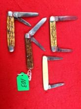 K103: Lot Of 4 |ecs Keen Kutter K2108; 2 Blades; Stag Handles |ecs Keen Kutter 2878; 2 Blades; Stag
