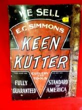 S071: Ec Simmons Keen Kutter Porcelain Double Sided Flanged "we Sell" Sign 27 ® Inch X 18 Inch
