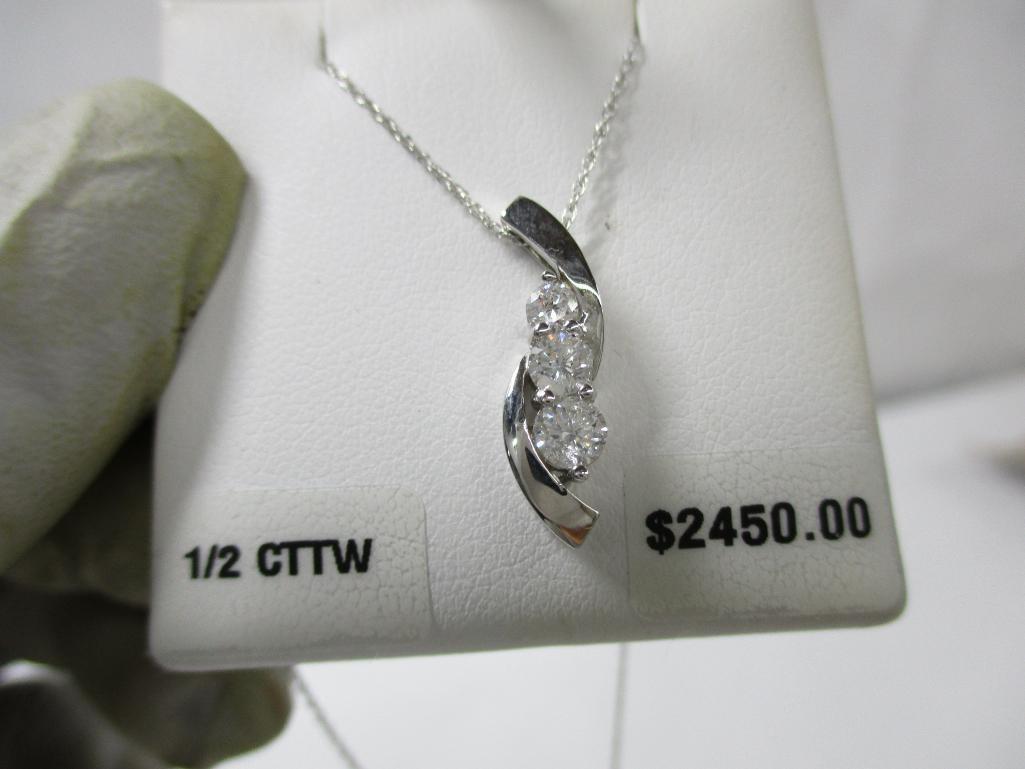 14k WG 3-Stone Pendant 1/2cttw Certified Diamonds