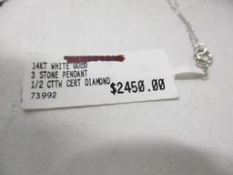 14k WG 3-Stone Pendant 1/2cttw Certified Diamonds