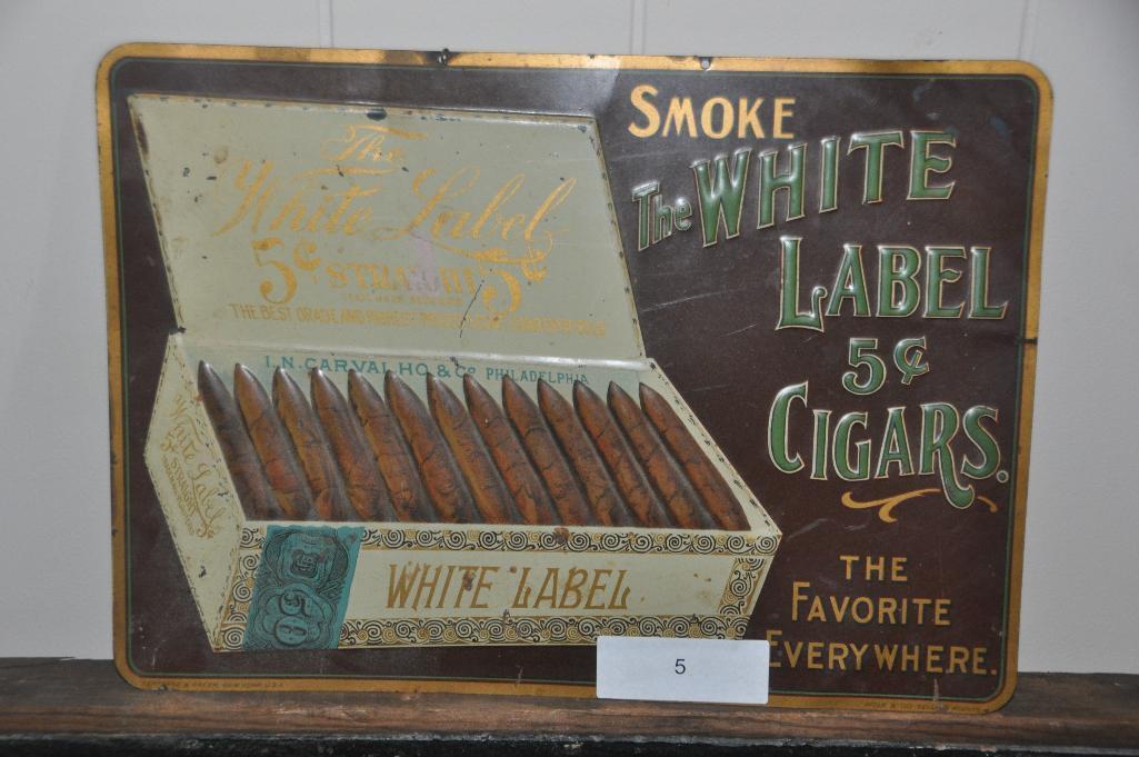 WHITE LABEL 5 CENT EMBOSSED CIGAR SIGN