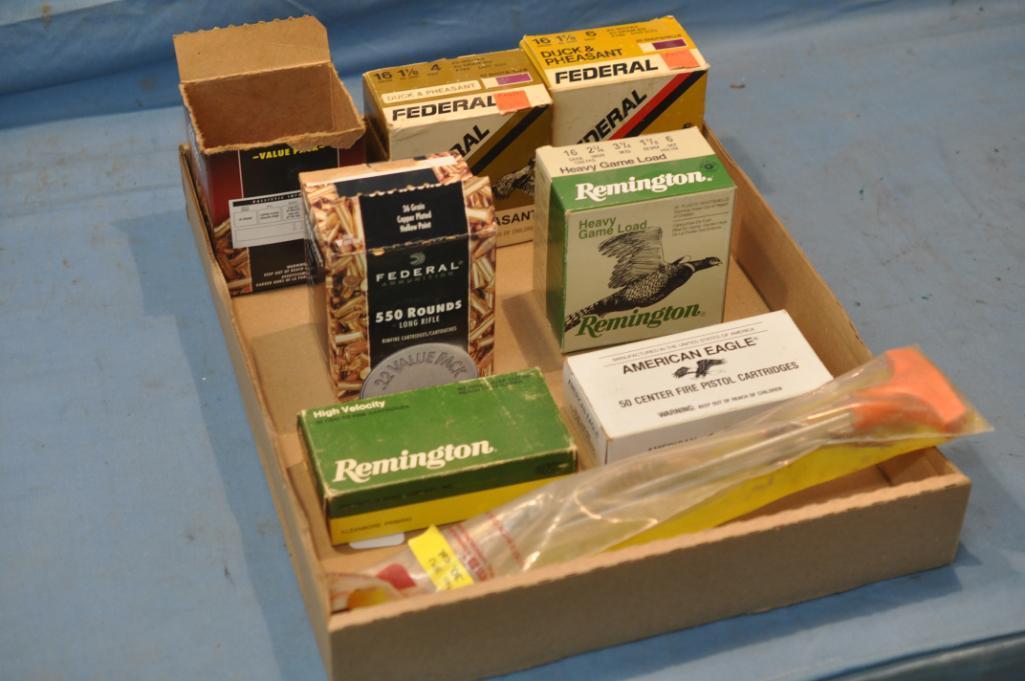 LOT BOX OF AMMO TO INCLUDE PARTIAL BOXES OF 9MM, .22 LR, 16 GAUGE SHELLS, AND .32 S&W