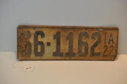 1922 IOWA LICENSE PLATE