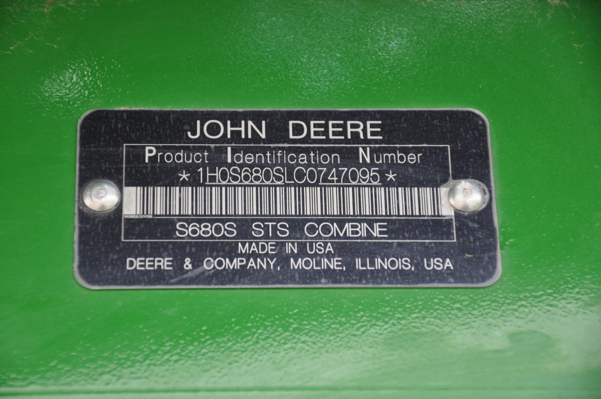 2012 John Deere S680 2wd combine