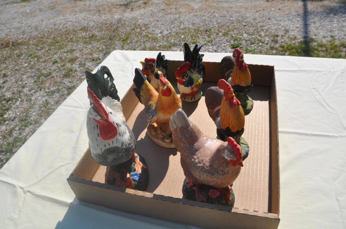 various chicken figurines as pictured