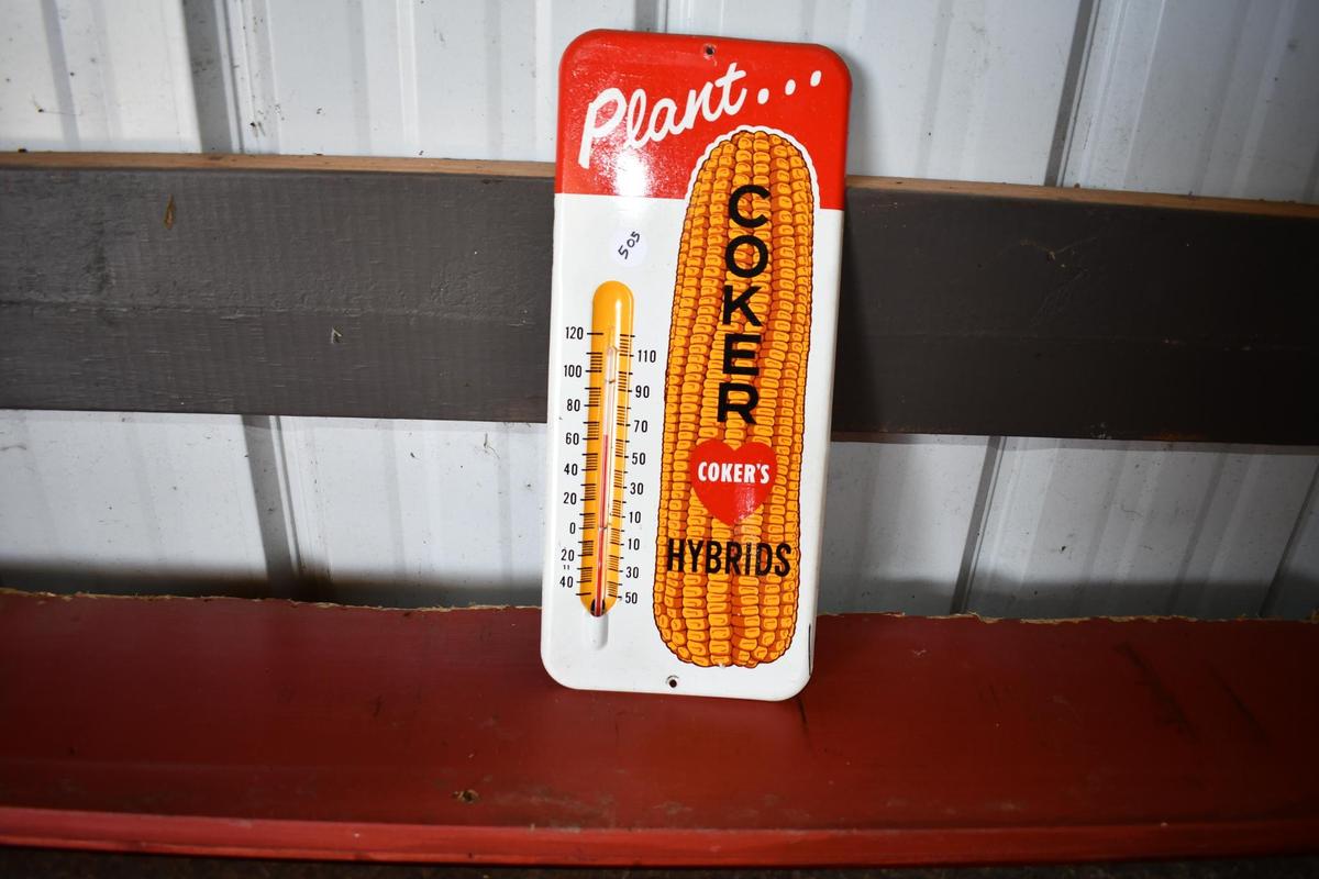 Coker's Hybrids tin thermometer