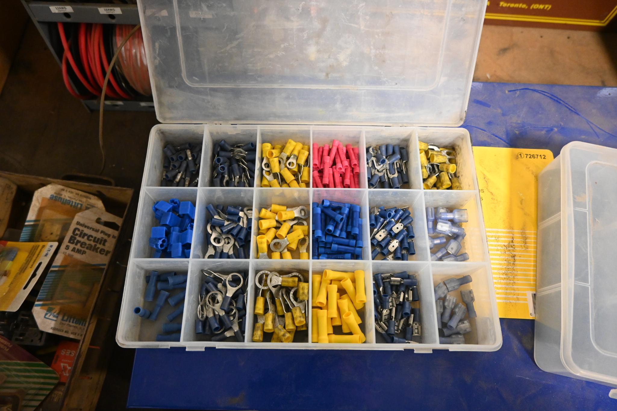 Misc. electrical supplies, fuses, wiring, wire connectors, Lawson wire rack