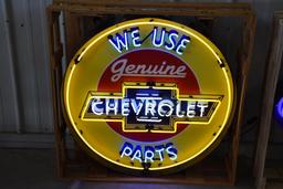 Single sided light up neon Chevrolet "We Use Genuine Parts" hanging sign