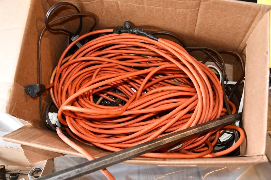 Lot box of extension cords and a pry bar