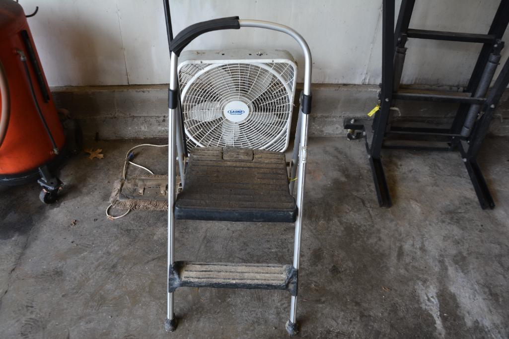 Step stool , box fan and dust mop