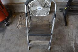 Step stool , box fan and dust mop
