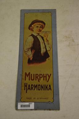 Murphy Harmonica tin tacker sign, dated 1974