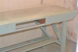 Green Painted Wooden Work Bench w/ Vise