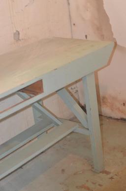 Green Painted Wooden Work Bench w/ Vise