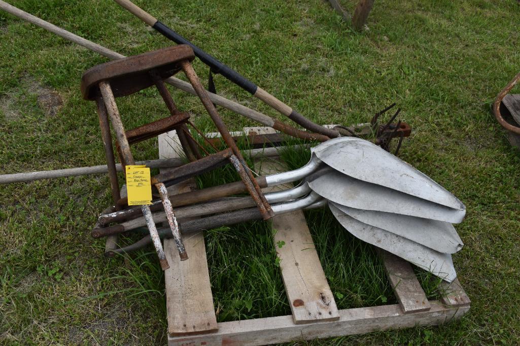 Pallet of scoops, pitch forks, draw bar, & old stepstool