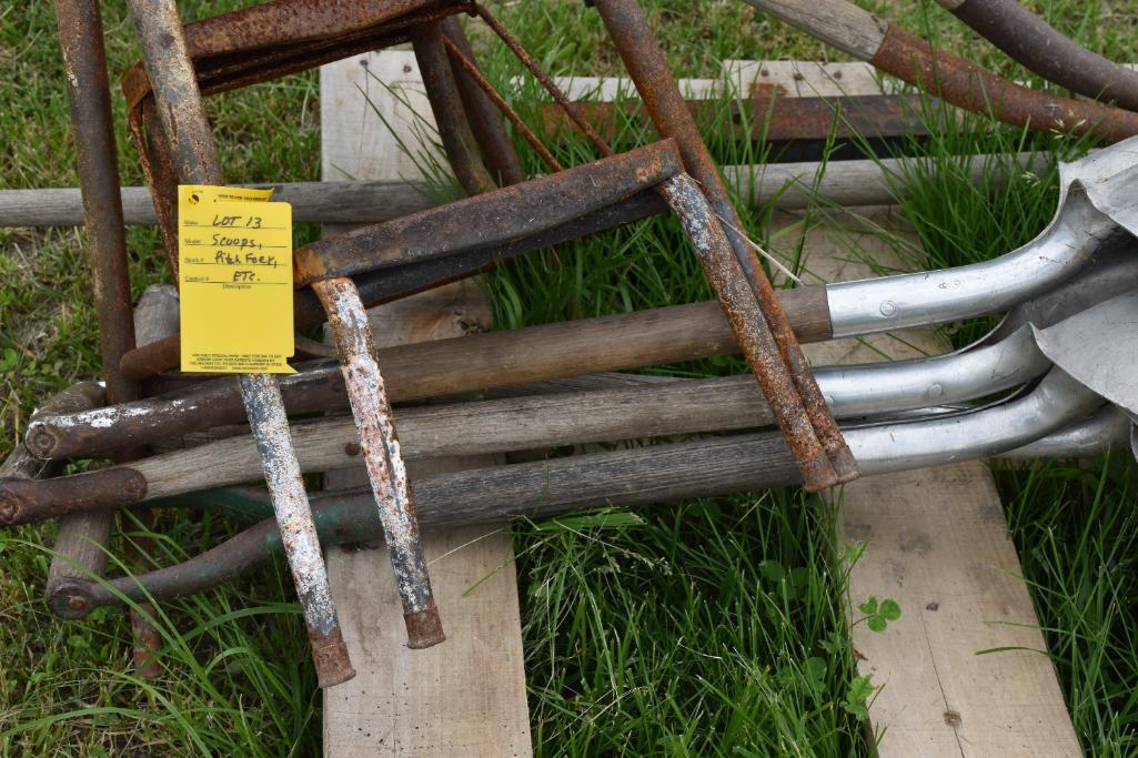 Pallet of scoops, pitch forks, draw bar, & old stepstool