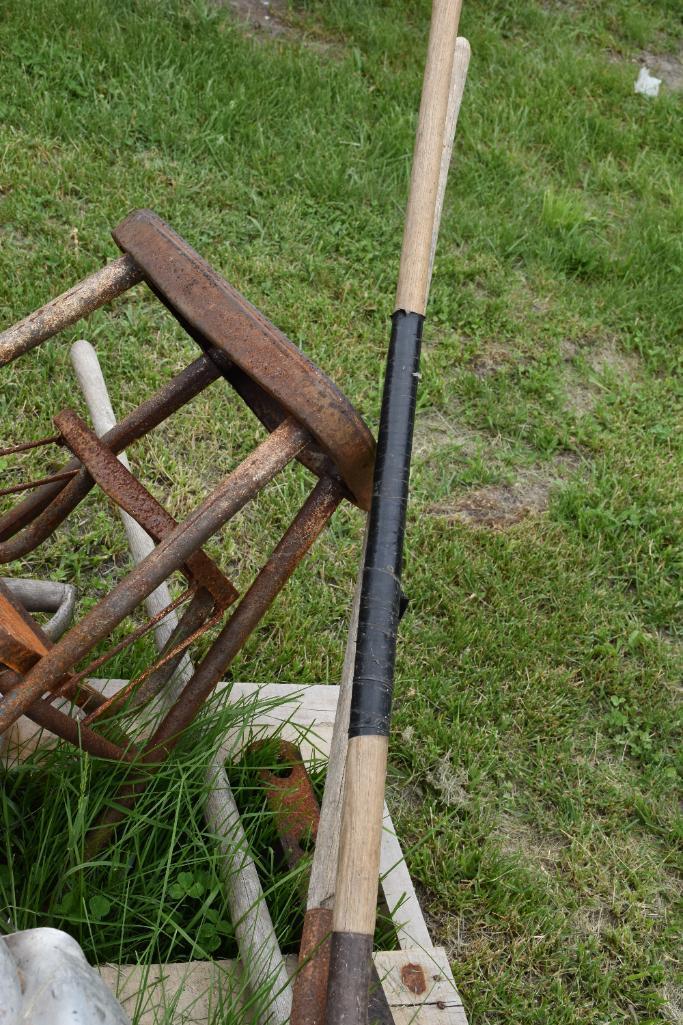 Pallet of scoops, pitch forks, draw bar, & old stepstool