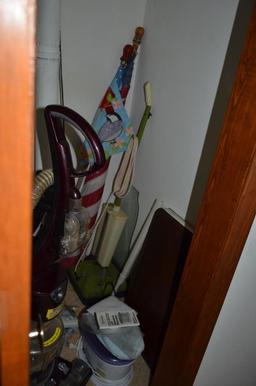 Contents of closet, vacuum, flag, etc.