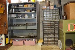 White metal cabinet, contents of gray metal cabinet to include