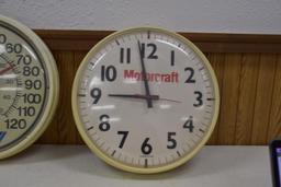 Motorcraft plastic battery operated clock and DuPont plastic thermometer