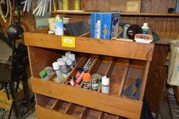 Small wooden parts cabinet with contents