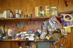 Contents on shelves & work bench from top to bottom to include small toolboxes, organizers, caulking