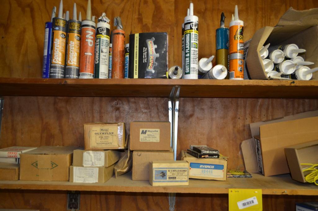 Contents on shelves & work bench from top to bottom to include small toolboxes, organizers, caulking