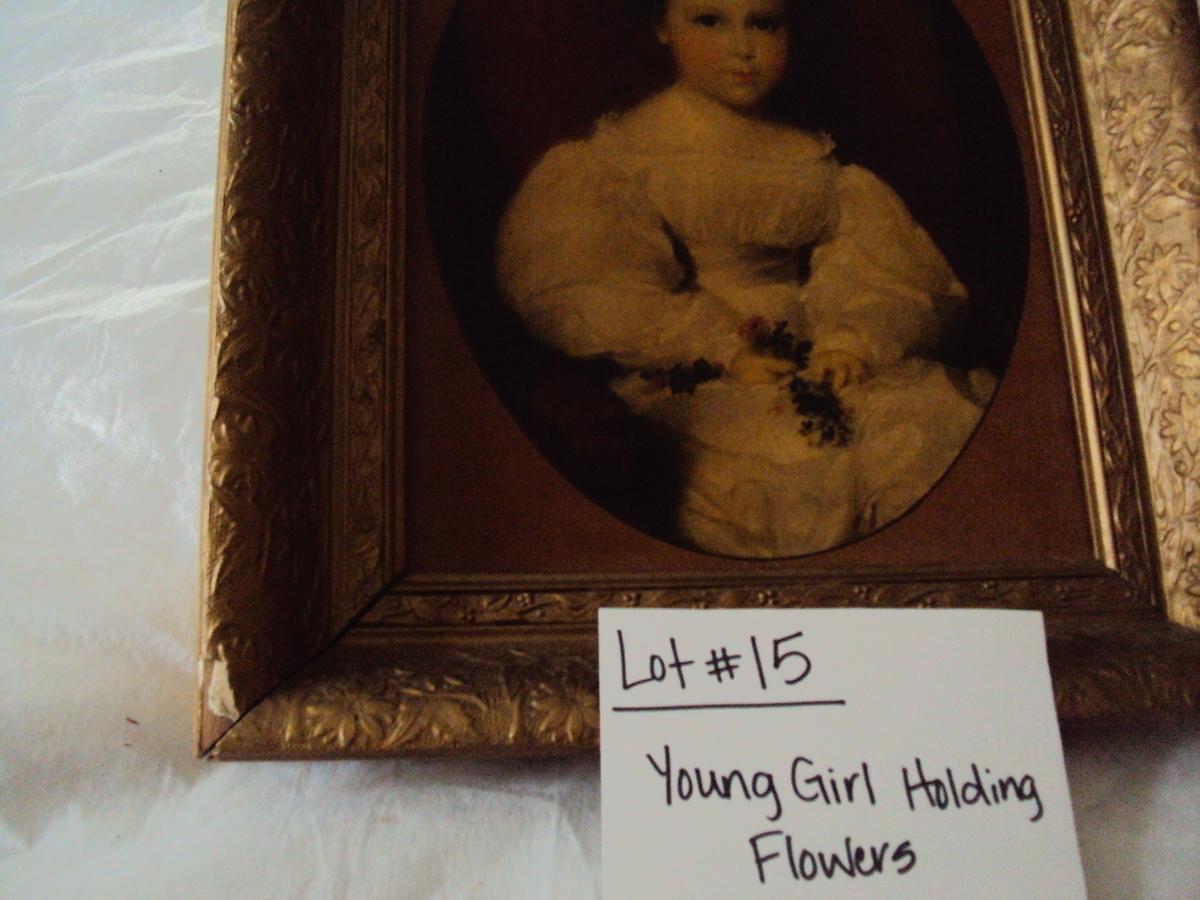 YOUNG GIRL HOLDING FLOWERS ON CARDBOARD WITH GOLD FRAME (SMALL DAMAGE ON BOTTOM LEFT CORNER)