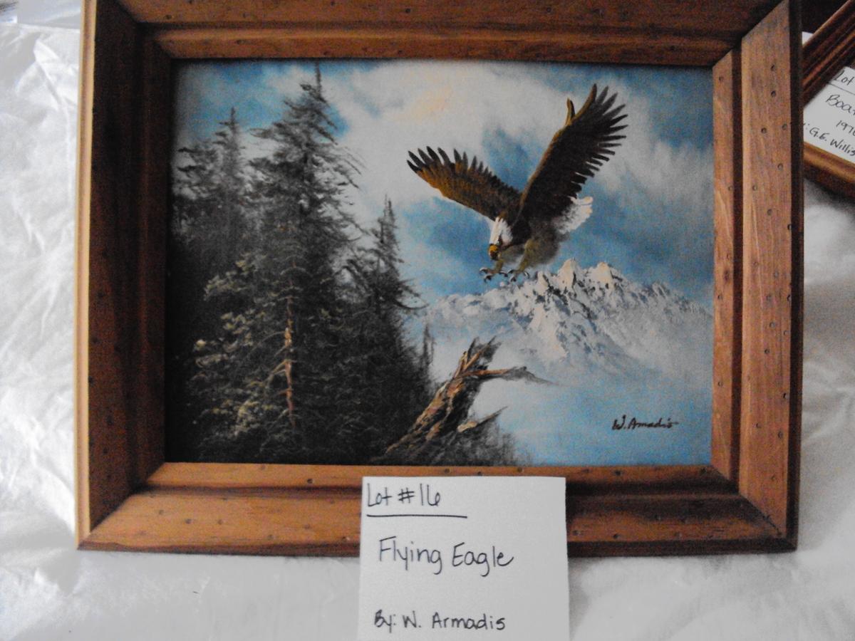 FLYING EAGLE, PAINTED CANVAS BY W. ARMADIS WITH RUSTIC WOOD FRAME