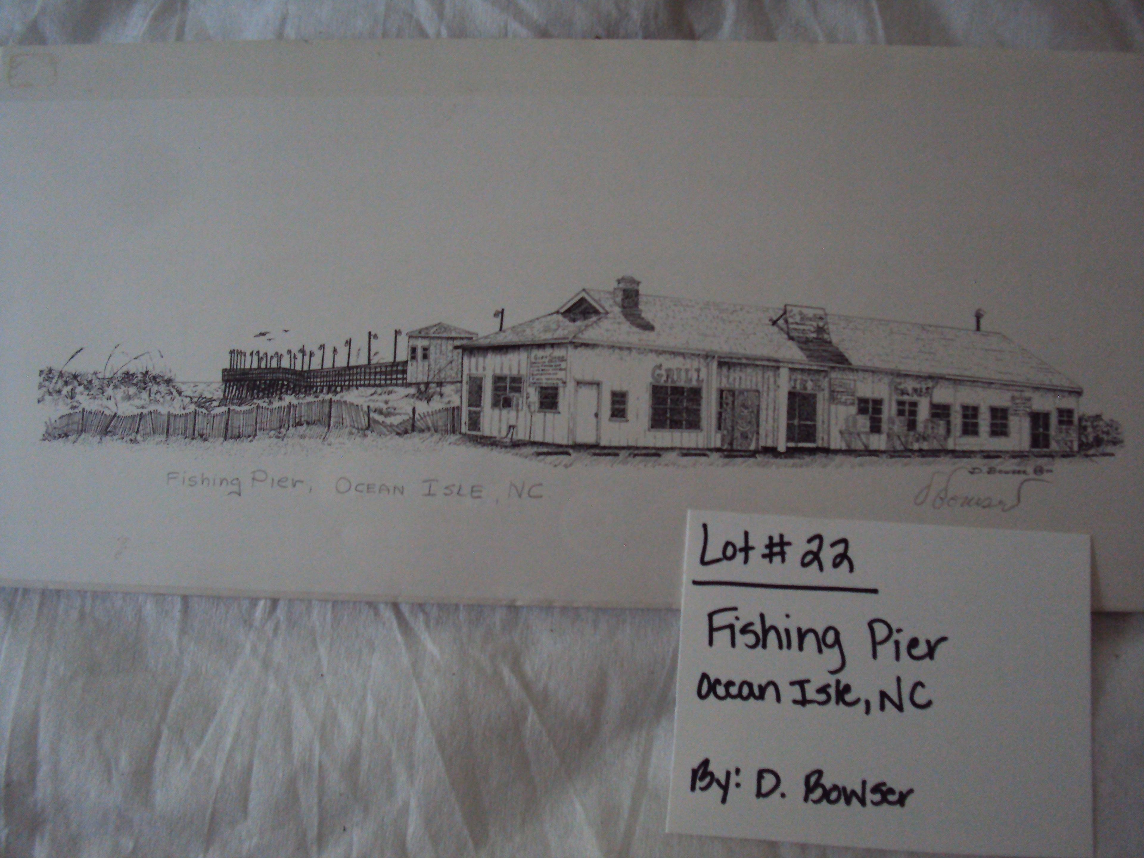 FISHING PIER, OCEAN ISLE, NC BY D. BOWSER, PENCIL SKETCH, NO FRAME