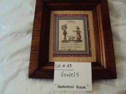 VOWELS, HANDKERCHIEF PICTURE WITH RUSTIC WOOD FRAME