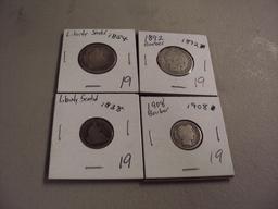 LOT OF 4 COINS - 2 BARBER & 2 SEATED LIBERTY